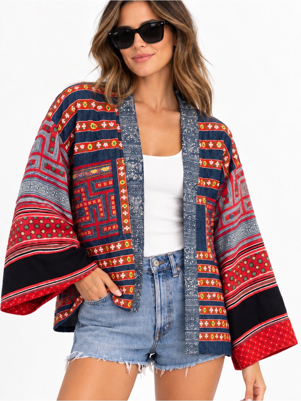 Free People XS/S Boho Patchwork Kimono Sweater Jacket - Red Multi